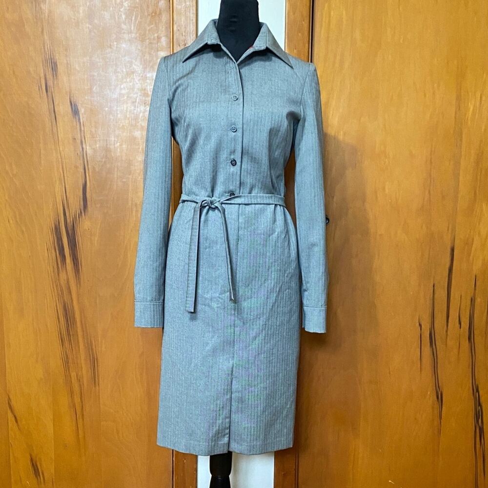 VTG Richard Tyler Charcoal Gray/Black Herringbone 100% Virgin Wool Shirt Dress